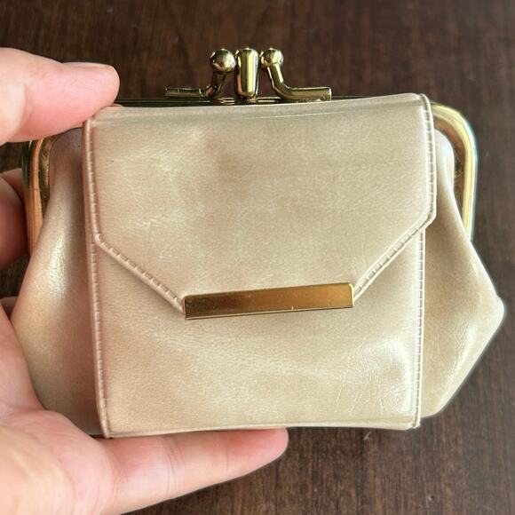 Leather vintage coin purse wallet w/ kiss lock clasp & credit card holder beige - Picture 1 of 9
